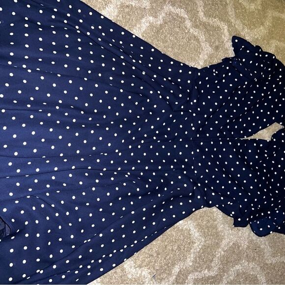 Express Navy Blue Polka Dot Midi Dress with Flutter Sleeve size S - Picture 7 of 8